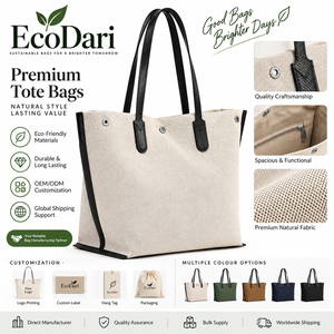 Sac fourre-tout en toile 100% coton, crème naturel, finition en cuir noir, structuré, grand sac à bandoulière, logo personnalisé, en gros - Product Image 3