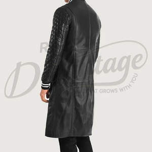Manteau long en cuir véritable noir pour homme, style varsity, avec manches matelassées et poignets côtelés rayés, manteau en cuir de qualité supérieure - Product Image 2