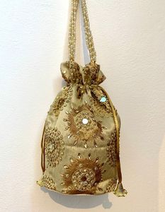 Ethnic Silk Embroidery Bead Work Cotton Potli Bag Indian Handmade Luxury Bridal Drawstring <b>Handbag</b> Pearl <b>Sequins</b> Party Purse - Product Image 4
