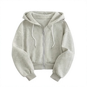 Nouvel Arrivage Sweat-shirt court zippé à capuche pour femme en coton uni à manches longues tricoté pour l'automne - Product Image 1