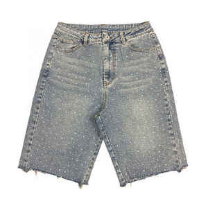 Shorts en jean streetwear sur mesure, brodés et ornés de strass, en denim de coton - Product Image 1
