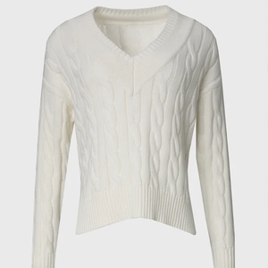 Pull en tricot torsadé à col en V pour femme, 100% laine, manches longues, épais, décontracté, coupe classique, couleur unie, tricoté à la main - Product Image 1