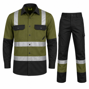 <b>Men's</b> Burgundy Black Hi Visibility Workwear Shirt Pants Set High Visibility Reflective Tape Long Sleeve Button-Down <b>Cargo</b> Cotton - Product Image 2