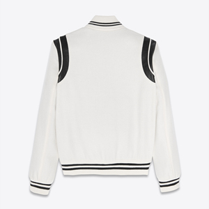 Blouson universitaire blanc pour homme en laine/polyester avec empiècements aux épaules, col montant, coupe droite, simple boutonnage, décontracté, enduit, pour le printemps - Product Image 6