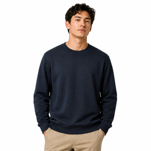Sudadera de Cuello Redondo Azul Marino para Hombre, Corte Regular, 100% Algodón, Tejido de Punto, Informal, Otoño, Color Sólido, Manga Larga - Product Image 1