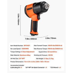 Avvitatore Pneumatico a Impulsi da 1/2 Pollice, 1100 ft Lbs di Coppia Inversa, 7500 RPM, 4 Velocità Regolabili, Leggero - Product Image 4