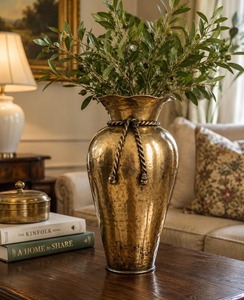 Vintage brass <b>Vase</b> With Floral Embossing And Colorful <b>Roses</b> For Home Decor - Product Image 3