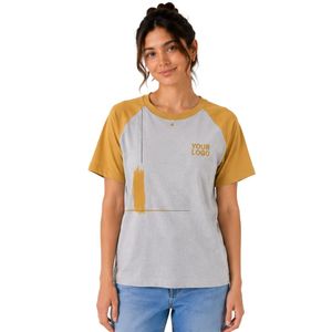 เสื้อยืดแร็กแลนสีเทาและสีเหลืองมัสตาร์ดสำหรับผู้หญิง สกรีนโลโก้ได้ คอกลม แขนสั้น ผ้าโพลีเอสเตอร์ผสมคอตตอน เสื้อยืดลำลองใส่สบายสำหรับฤดูร้อน รับผลิตเสื้อผ้าแบบ OEM - Product Image 1