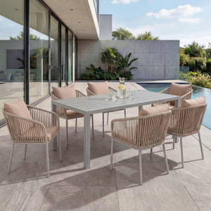 Muebles de Jardín OEM/ODM, Juego de Comedor para Exteriores, Muebles de Patio, Mesa y Sillas de Aluminio/Madera, 4/6/8 Asientos, Tela Personalizada - Product Image 1