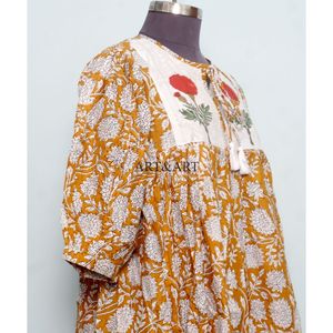 Robe Midi Florale à Pompons pour Femme 100% Coton Vintage Coupe Évasée Événements Formels Taille Naturelle Écologique Respirante - Product Image 5