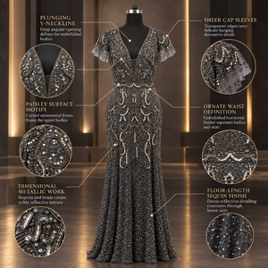 Distinctive <b>Black</b> Embellished Evening Gown Plunging V Neck | Sheer Cap Sleeves Paisley Beadwork <b>Floor</b> <b>Length</b> A-Line Party <b>Dress</b> - Product Image 5
