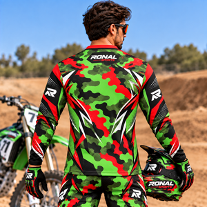 Maillot de motocross à manches longues pour homme RONAL SPORTS, camouflage vert rouge noir, séchage rapide, manches longues, chemise de course pour adulte, moto - Product Image 4
