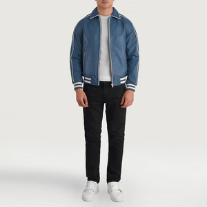 <b>Men</b> Horn Button Stand Collar Breathable Casual Cooper Blue Leather Varsity <b>Jacket</b> New Winter Collection Private Logo Front/Back - Product Image 1