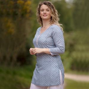 SALE <b>Long</b> KURTA <b>TOP</b> All Sizes Style 2 Teal Blue & Reddish Brown with <b>White</b> Scallop Design Round Neck <b>Long</b> <b>Sleeve</b> Casual <b>Top</b> - Product Image 4