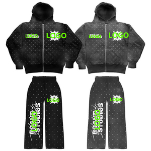Conjunto de Sudadera con Capucha Personalizada 100% Algodón, Lavado Ácido, Estilo Vintage, con Bordado 3D y Decoración de Pedrería para Invierno - Product Image 1