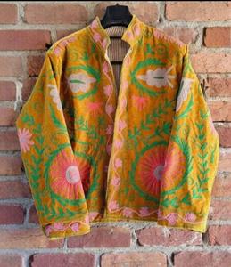 <b>Womens</b> Velvet Suzani <b>Embroidered</b> Knitted Front Open Regular Length Floral Boho Ethnic Style <b>Jacket</b> Rajasthani Style <b>Jackets</b> - Product Image 1