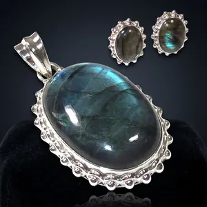 Blue Fire Labradorite 925 Sterling Silver Pendant Earrings Set Oval Cabochon Bezel Setting Indian Bohemian Women's Jewelry Gift - Product Image 2