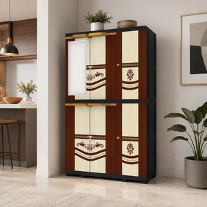 Naiba Mega Portable Plastic Cabinet/Wardrobe with Brown Wood Style Doors & <b>Mirror</b> Suitable for Clothing & Bedroom Storage - Product Image 1