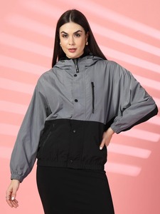 Blouson à capuche pour femme, color block, manches longues, coupe-vent, en polyester tissé, pour l'automne - Product Image 1