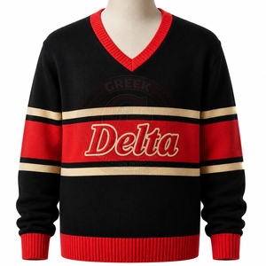 Pulls pour femmes de la sororité Delta DST, col en V, tricotés en acrylique, broderie grecque, lettres en chenille, université, noir, varsity - Product Image 1