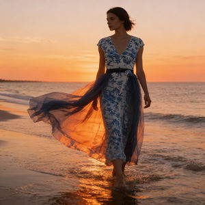 Oferta especial en la falda Temu Chic con estampado floral azul y cintura en contraste, falda larga hasta el suelo con superposición transparente para damas de honor. - Product Image 6