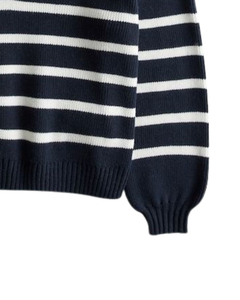 <b>Men's</b> Navy Striped Quarter Zip <b>Sweater</b> Lantern Sleeve Knitted Pullover Turn-down Collar Winter Wear Anti-Pilling 100% Cotton - Product Image 4