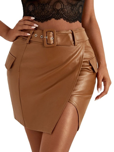 New Style Women Sexy <b>Brown</b> Genuine Leather Breathable Mini <b>Pencil</b> <b>Skirt</b> Ripped Regular Waistline Casual Club Wear Solid Color - Product Image 3