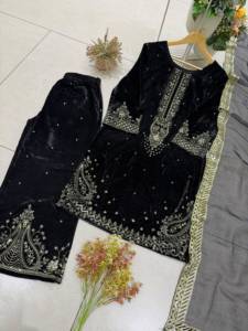 Black Embroidered Indian Pakistani Top Velvet <b>Kurta</b> Set With Net Dupatta Formal <b>Dress</b> Wear - Product Image 5