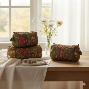 Étui zippé en coton matelassé réversible et écologique pour sac, lot de 3 pochettes cosmétiques portables florales faites à la main pour le voyage - Product Image 1