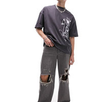 Oversized heren T-shirt met donkergrijze print, korte mouwen, O-hals, streetstyle, jersey pasvorm, normale lengte, 100% katoen
