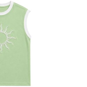 Camiseta sin mangas verde claro con diseño de sol bordado en blanco, chaleco informal de algodón para mujer, cuello redondo, tops de moda personalizados para verano - Product Image 4