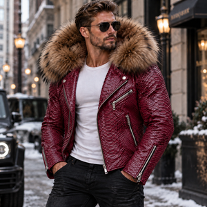 Men's Python <b>Leather</b> Motorcycle <b>Biker</b> <b>Jacket</b> <b>Real</b> Fox Fur Hood Luxury Fashion | Herren Lederjacke <b>Biker</b> | Chaqueta Hombre Cuero - Product Image 1