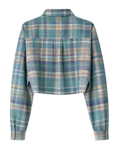 Chemisier court personnalisé pour femme à carreaux vert-bleu, col rabattu, manches longues, boutonné, style décontracté, fabricant et fournisseur OEM - Product Image 5