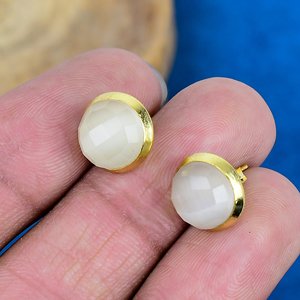 Natural White Monalisa Quartz Round Shape Gemstone <b>Stud</b> Earring 18k Gold Micron Over 925 Sterling <b>Silver</b> - Product Image 3