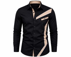 Camisa de Vestir para Hombre con Bloques de Color Geométricos, Manga Larga, Cuello Clásico, Estilo Casual Elegante, Tejido Popelina, Estilo Otoñal - Product Image 1