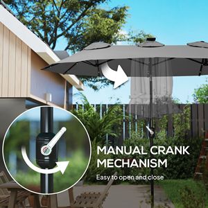 Parasol de patio extérieur double face de 9,7' avec mécanisme d'inclinaison et manivelle, éclairage solaire LED, 12 baleines, gris - Product Image 6