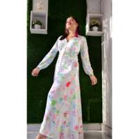 Robe longue élégante en mousseline de soie à imprimé floral, coupe trapèze, avec manches ballon et col en V, ajustée pour femme, idéale pour les soirées ou tenue décontractée