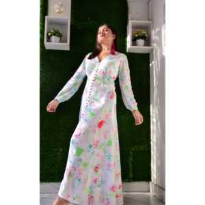 Robe trapèze multicolore blanc rosé en tissu mousseline avec taille naturelle - Product Image 3