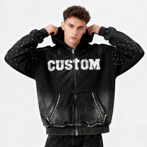 Sudadera con capucha de invierno para hombre, con cremallera completa, de algodón lavado, estilo vintage, con lavado ácido, de peso pesado, oversize, con pedrería y detalles de cristal - Product Image 3