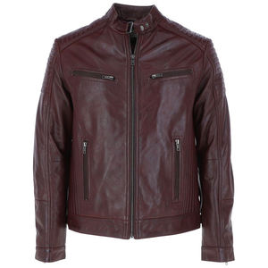 Men's <b>Burgundy</b> Genuine <b>Leather</b> Waterproof Moto <b>Jacket</b> Stand Collar Zipper Closure Slim Fit Regular Length Solid Front Winter - Product Image 1