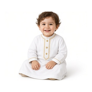 Baby Boys White Thobe with Gold Embroidery Long Sleeve <b>Islamic</b> Jubba Kandura Toddler Muslim Eid Ramadan <b>Clothing</b> - Product Image 1