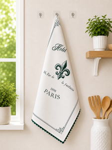 Essuie-tout de cuisine en coton imprimé Paris |   Essuie-mains de cuisine vintage français à motif Fleur-de-Lys |   Serviette de cuisine décorative verte et blanche - Product Image 3