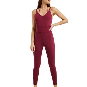 ชุดเสื้อครอปและเลกกิ้งสีเบอร์กันดีสำหรับผู้หญิง ชุดบอดี้สูทเอวสูงคอวีแขนกุด ชุดจั๊มสูทออกกำลังกาย ชุดลำลองสำหรับออกกำลังกาย - Product Image 5