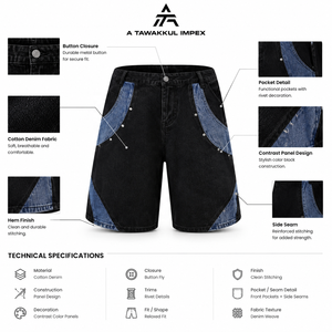 Pantalones Cortos de Mezclilla para Hombre, 100% Algodón, Transpirables, Estilo Urbano, Paneles en Contraste, Cintura Media, Lavado a la Piedra, Estilo Casual de Verano - Product Image 5