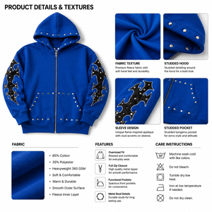 Sweat à capuche personnalisé pour homme, fermeture éclair sur le devant, détails cloutés sur les manches, motif graphique, coupe décontractée, manches longues, collection de vêtements en gros B2B USA - Product Image 4