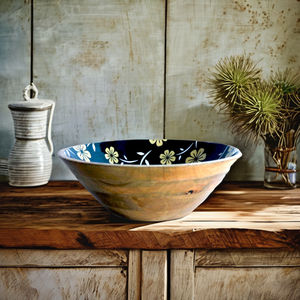 Hand-Curved Wooden Serving <b>Bowl</b> with Elegant <b>Enamel</b> Print Design Sustainable and Stylish for Parties for Salad or Fruits - Product Image 1