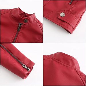 Women's Red PU Leather Bomber Jacket with <b>Zipper</b> Closure Turn Down Collar Full Sleeve Waterproof Casual Autumn Style - Product Image 6