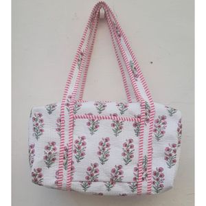 Bolsa de lona de algodón con estampado floral a mano y asas a rayas rosas, informal, de viaje, para fin de semana, portátil, de gran capacidad para mujer - Product Image 1