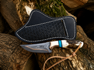 MAYSARA IMPEX Copper Damascus Steel Cowboy Hunting Knife Camping Knife with <b>Leather</b> Sheath & Stag Antler Handle - Product Image 2