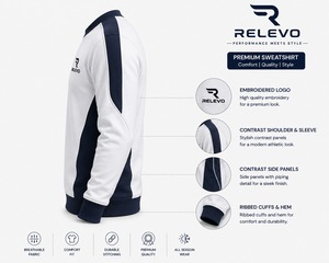 เสื้อสเวตเชิ้ตปักลาย RELEVO สำหรับผู้ชาย ทรงปกติ คอกลม สไตล์สปอร์ต สีขาวกรมท่า แผงตัดสี ใส่ได้ทุกฤดู - Product Image 5